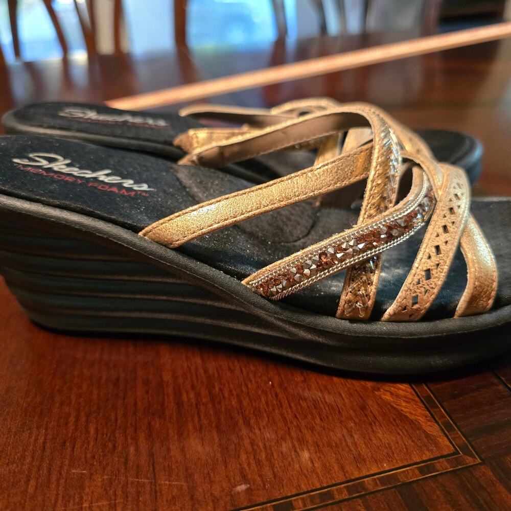 Skechers Women's Gold Wedge Sandals Embellished Straps Size 8